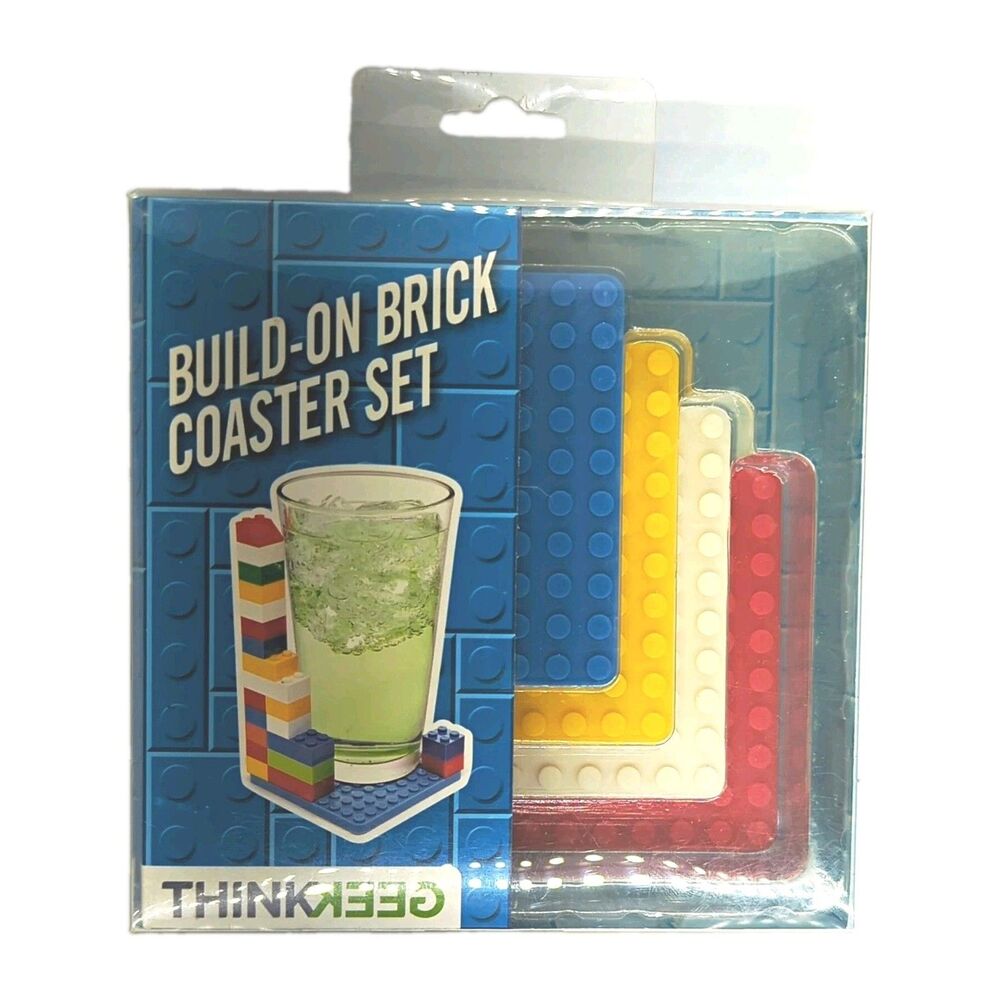 ThinkGeek Build-On Brick Coaster Set, 4-Pack Plastic Coasters, Multicolor